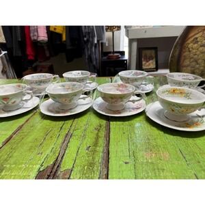 VTG  Handpainted floral pastel lot of 8 tea cup sets w/2 bonus pieces - unmarked